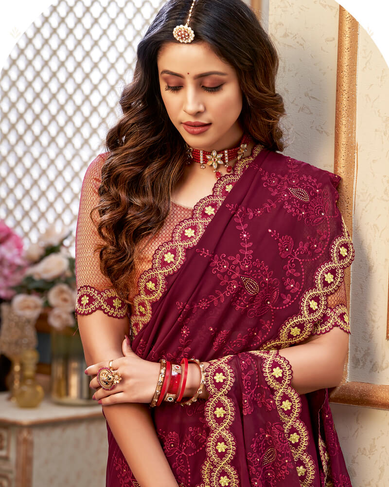 Vishal Prints Wine Chiffon Saree With Embroidery Work