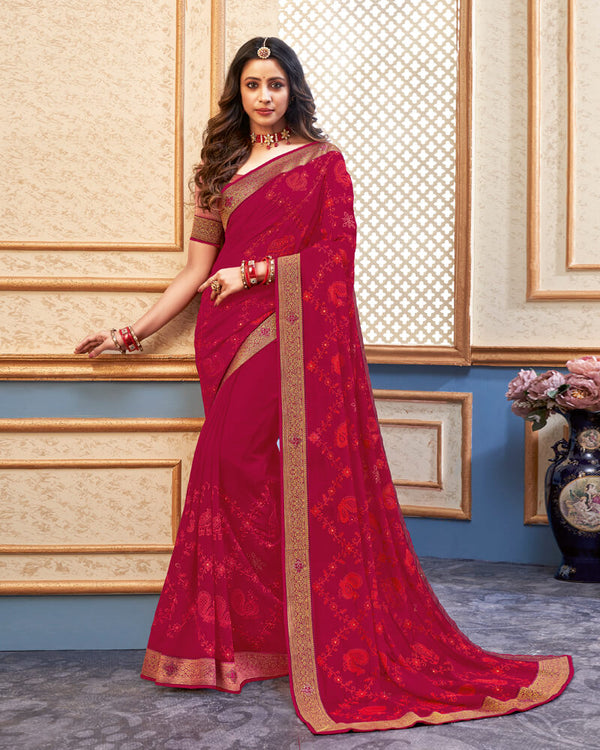 Vishal Prints Burgundy Chiffon Saree With Embroidery Work