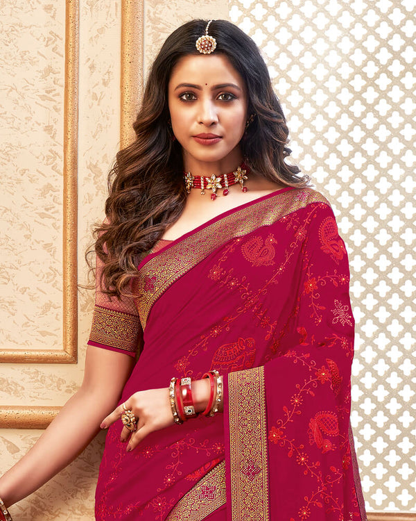 Vishal Prints Burgundy Chiffon Saree With Embroidery Work