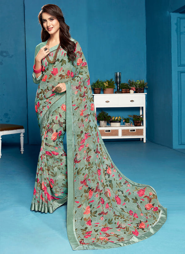 Vishal Prints Sea Green And Pink Floral Print Georgette Saree With Satin Border