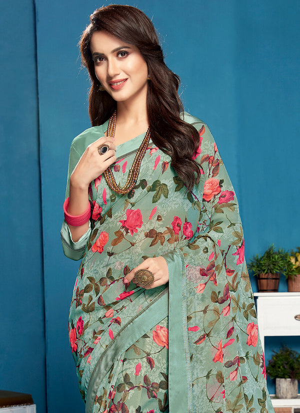 Vishal Prints Sea Green And Pink Floral Print Georgette Saree With Satin Border