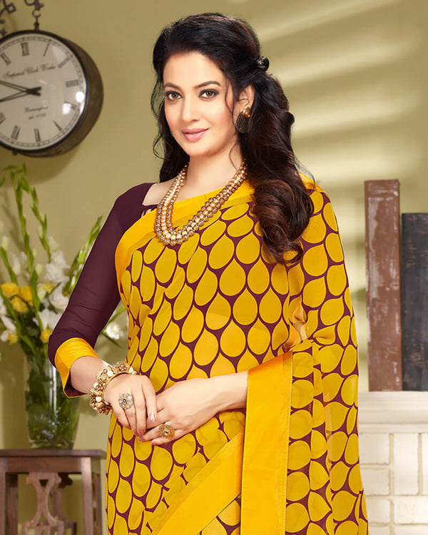 Vishal Prints Yellow And Brown Georgette Saree With Border