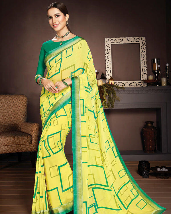 Vishal Prints Yellow And Rama Green Georgette Saree With Pashmina Border