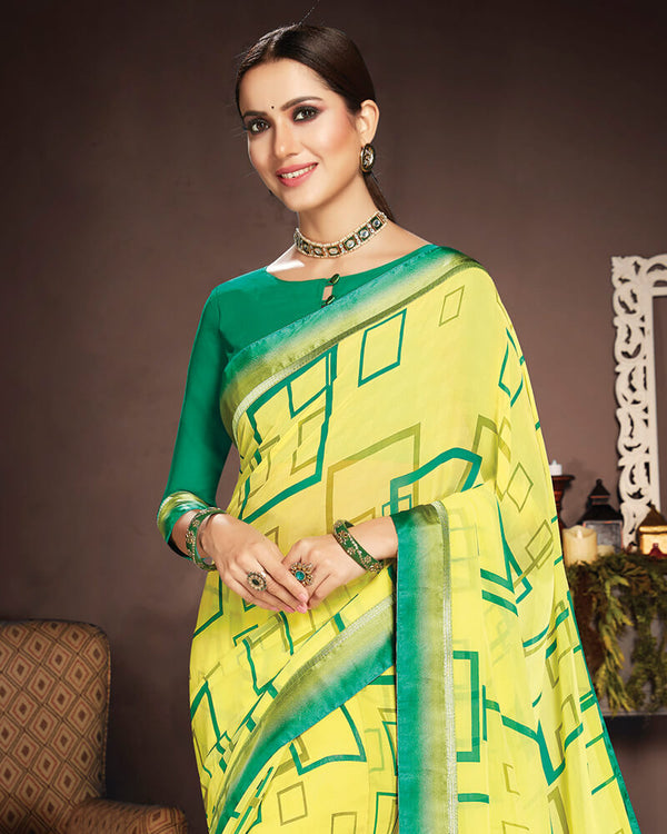 Vishal Prints Yellow And Rama Green Georgette Saree With Pashmina Border