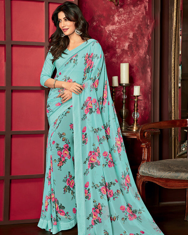 Vishal Prints Firozi Georgette Saree With Floral Print And Jari Border