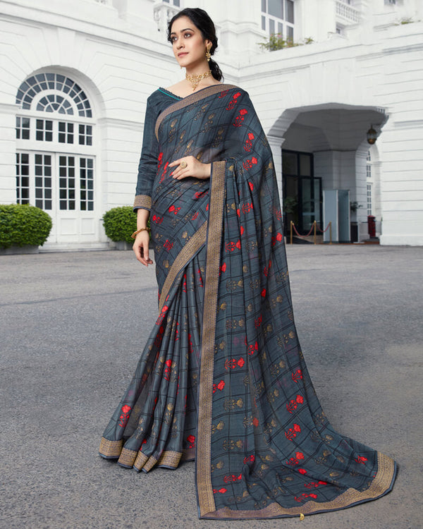 Vishal Prints Dark Grey Floral Printed Georgette Saree With Jari Border