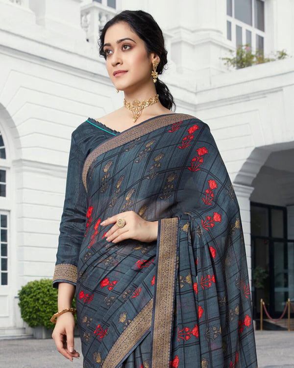 Vishal Prints Dark Grey Floral Printed Georgette Saree With Jari Border