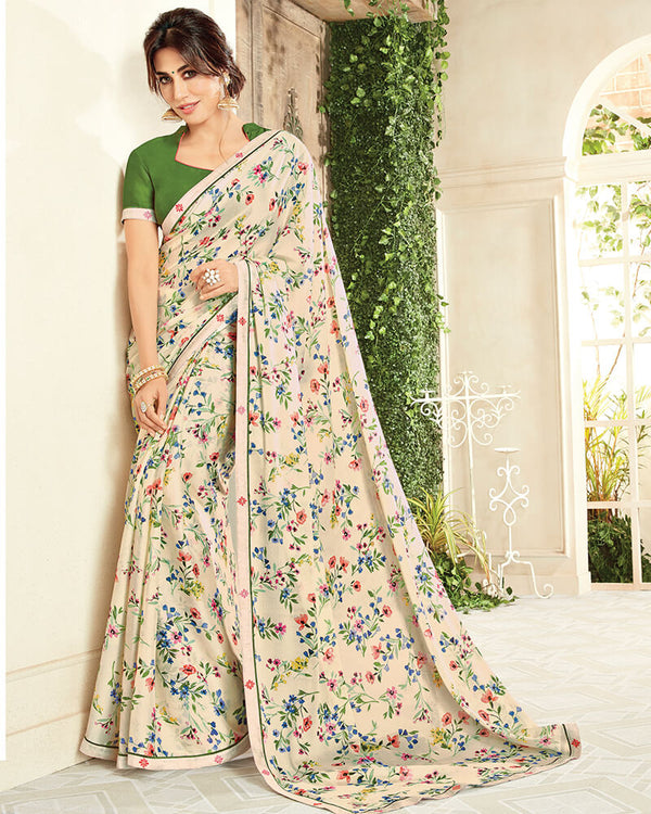 Vishal Prints Cream Chiffon Saree With Border