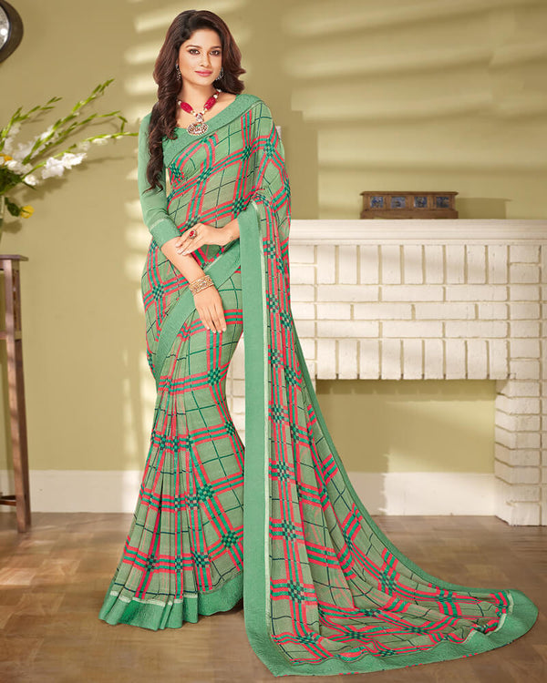 Vishal Prints Pista Green Georgette Saree With Border