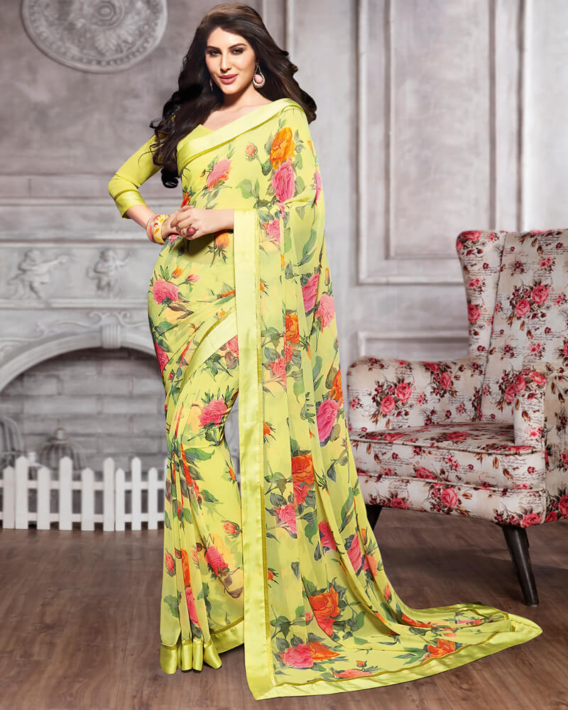 Vishal Prints Pastel Yellow Georgette Saree With Satin Border