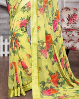 Vishal Prints Pastel Yellow Georgette Saree With Satin Border