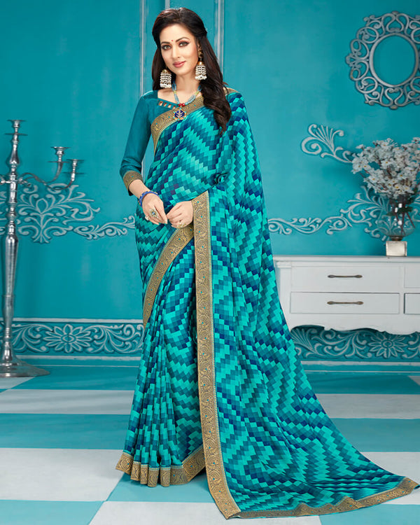 Vishal Prints Turquoise And Navy Blue Chiffon Saree With Border