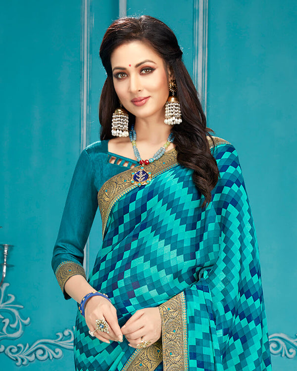 Vishal Prints Turquoise And Navy Blue Chiffon Saree With Border