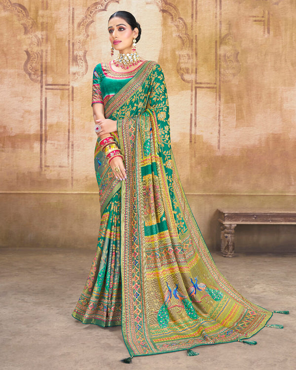 Vishal Prints Teal Green Brasso Saree With Foil Print And Tassel