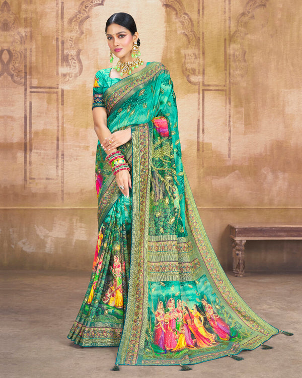 Vishal Prints Aqua Green Brasso Saree With Foil Print And Tassel