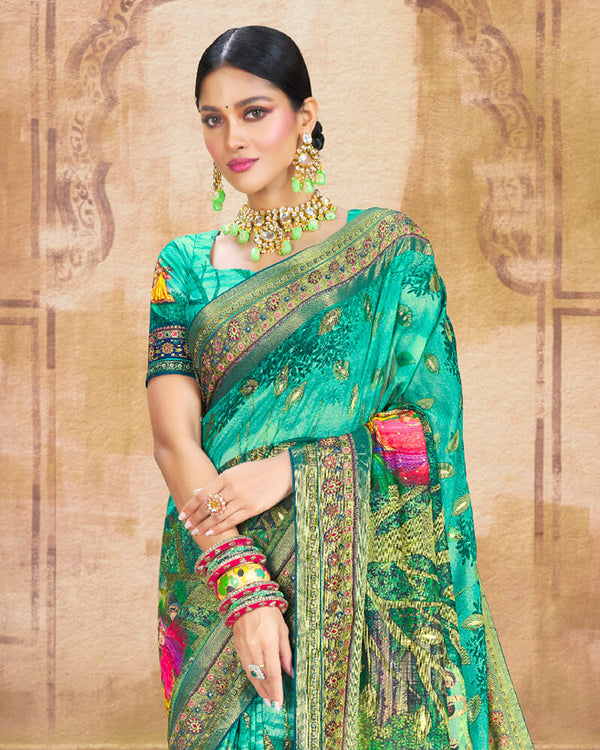 Vishal Prints Aqua Green Brasso Saree With Foil Print And Tassel