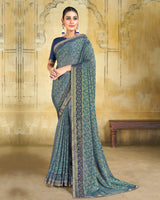 Vishal Prints Teal Blue Brasso Saree With Zari Piping