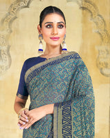 Vishal Prints Teal Blue Brasso Saree With Zari Piping