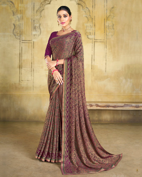 Vishal Prints Wine Brasso Saree With Zari Piping