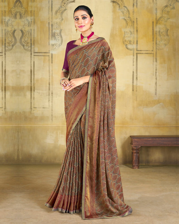 Vishal Prints Wine Brasso Saree With Zari Piping