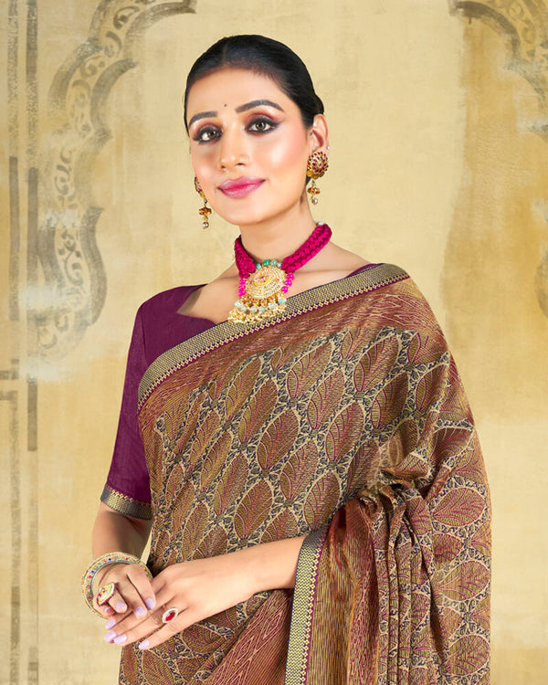 Vishal Prints Wine Brasso Saree With Zari Piping