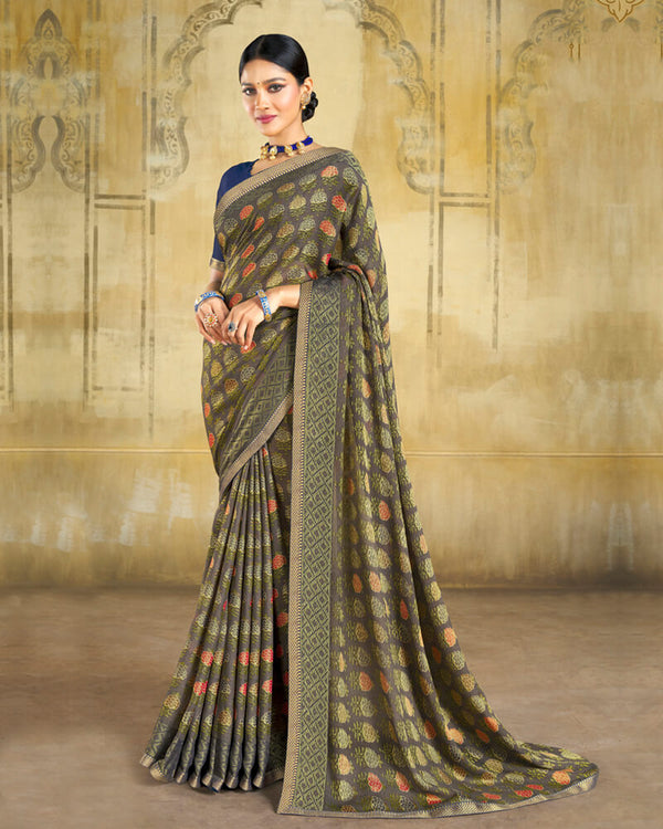 Vishal Prints Charcoal Grey Brasso Saree With Zari Piping