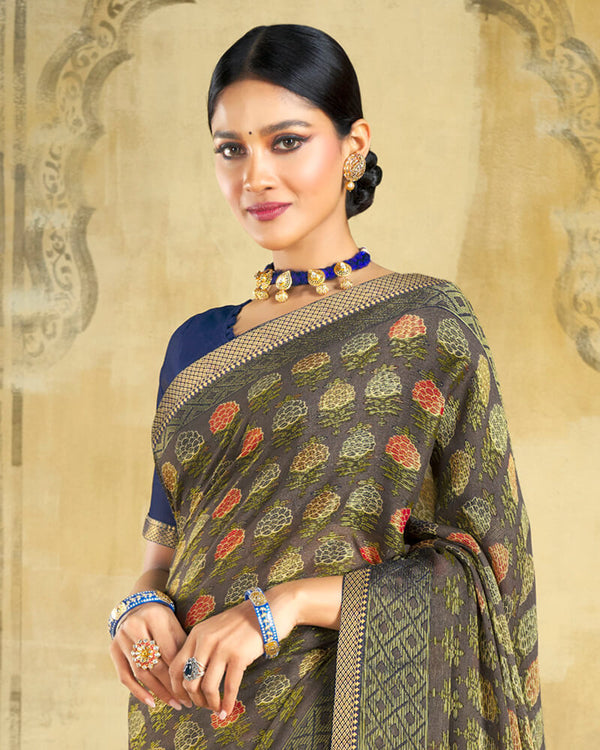 Vishal Prints Charcoal Grey Brasso Saree With Zari Piping