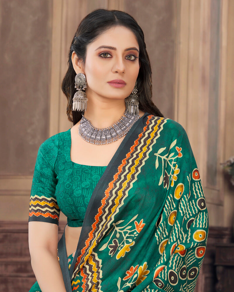 Vishal Prints Rama Green Digital Print Satin Saree