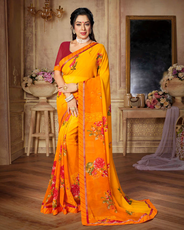 Vishal Prints Yellow Printed Georgette Saree With Border