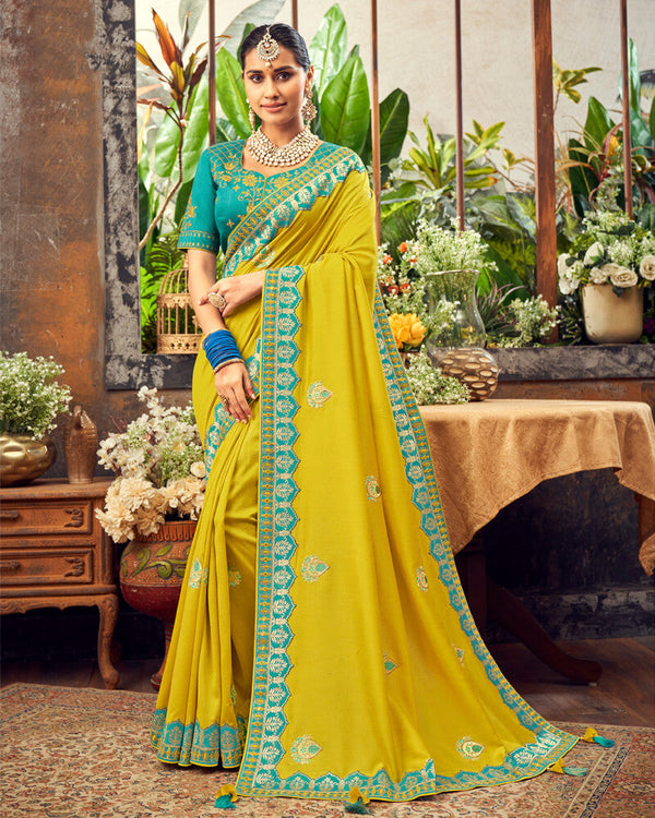 Vishal Prints Yellow Art Silk Saree With Embroidery Work And Tassel