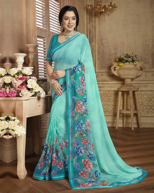 Vishal Prints Turquoise Blue Printed Georgette Saree With Border