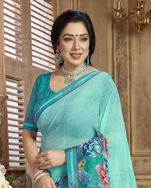 Vishal Prints Turquoise Blue Printed Georgette Saree With Border