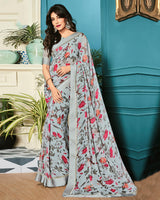 Vishal Prints Pastel Grey Printed Georgette Saree With Border