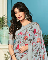 Vishal Prints Pastel Grey Printed Georgette Saree With Border