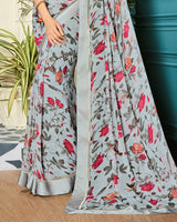 Vishal Prints Pastel Grey Printed Georgette Saree With Border