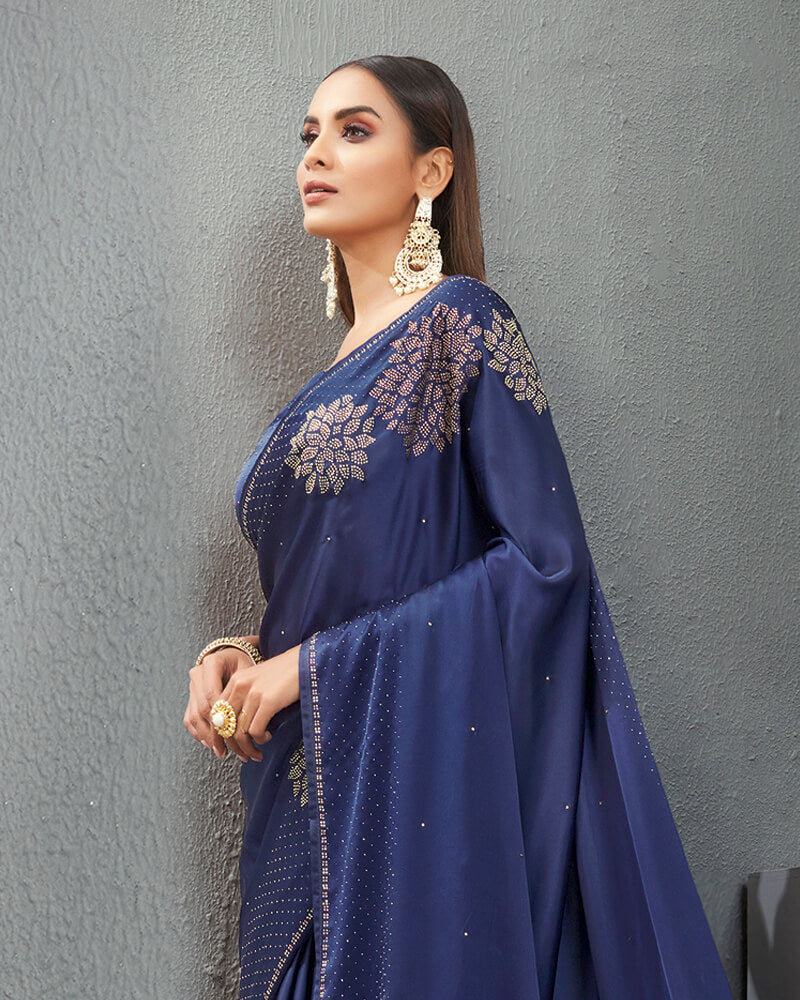 Vishal Prints Navy Blue Satin Saree With Stone Work