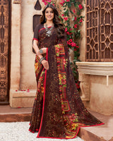 Vishal Prints Brown Printed Georgette Saree With Piping