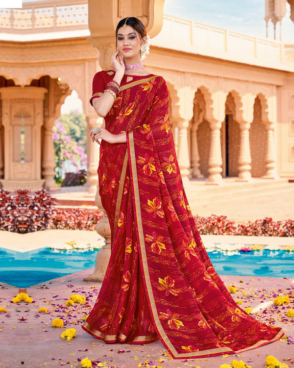 Vishal Prints Cherry Red Printed Georgette Saree With Border