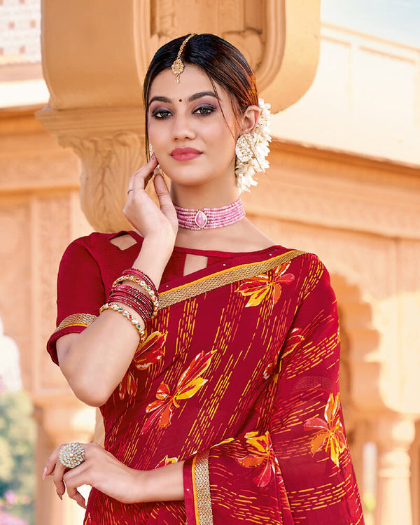 Vishal Prints Cherry Red Printed Georgette Saree With Border