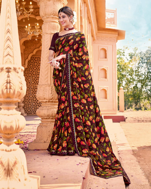 Vishal Prints Brown Printed Georgette Saree With Border