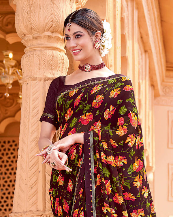 Vishal Prints Brown Printed Georgette Saree With Border