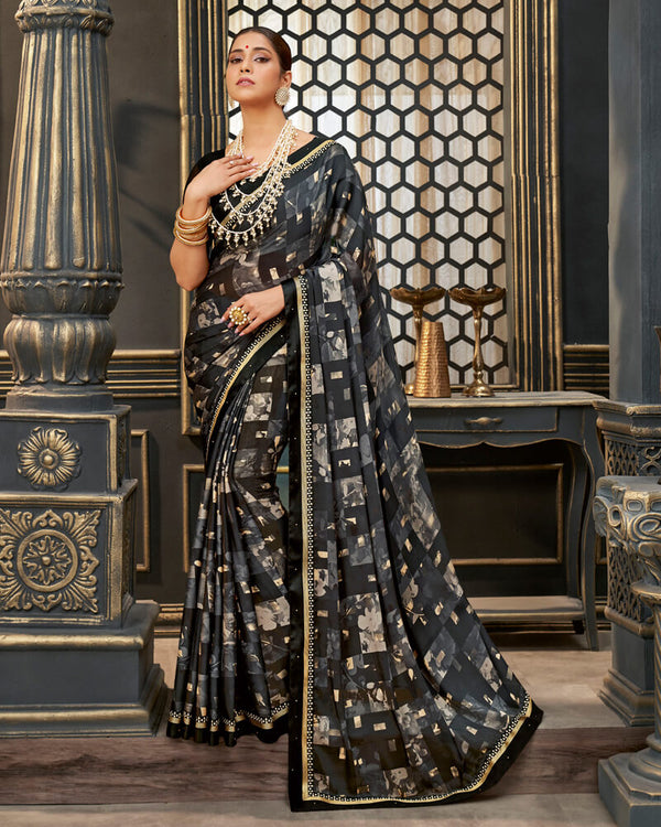 Vishal Prints Black Printed Crepe Saree With Border