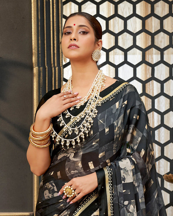 Vishal Prints Black Printed Crepe Saree With Border