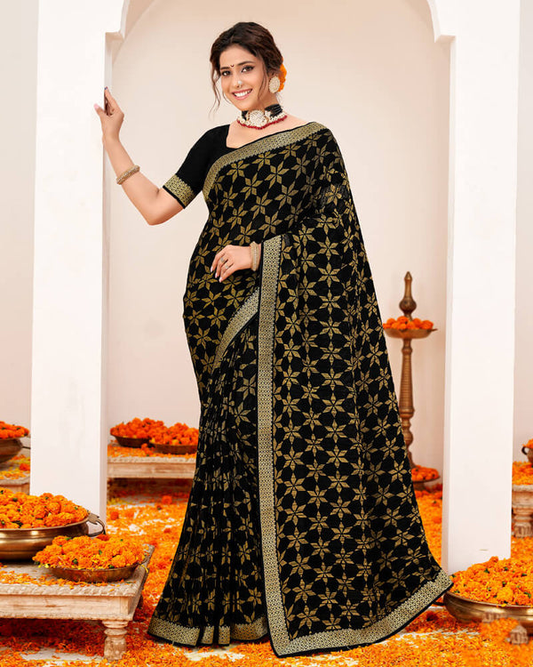 Vishal Prints Black Crushed Brasso Saree With Foil Print And Zari Border