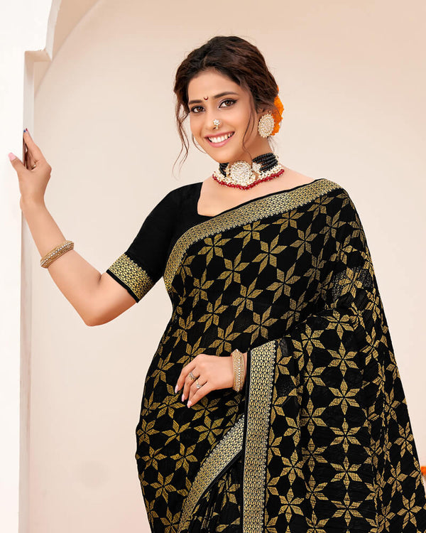 Vishal Prints Black Crushed Brasso Saree With Foil Print And Zari Border