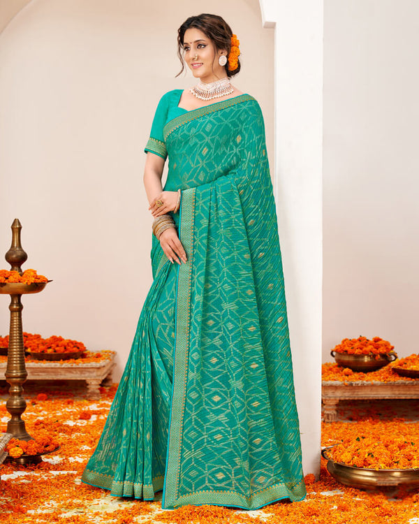 Vishal Prints Teal Green Crushed Brasso Saree With Foil Print And Zari Border