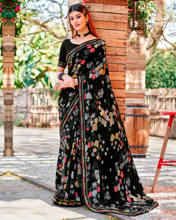 Vishal Prints Black Printed Georgette Saree With Border