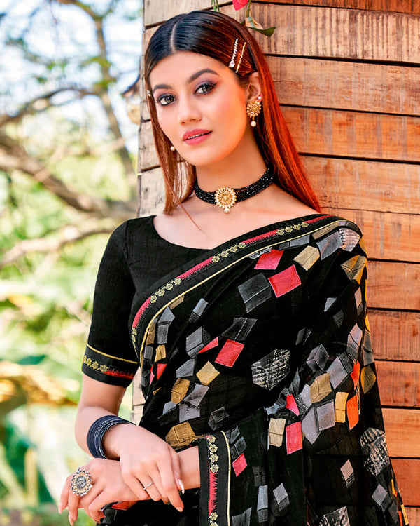 Vishal Prints Black Printed Georgette Saree With Border