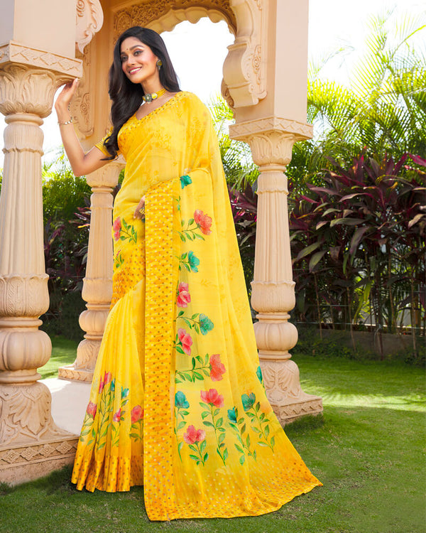 Vishal Prints Yellow Digital Print Chiffon Saree With Stone Work And Satin Border