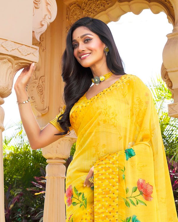 Vishal Prints Yellow Digital Print Chiffon Saree With Stone Work And Satin Border